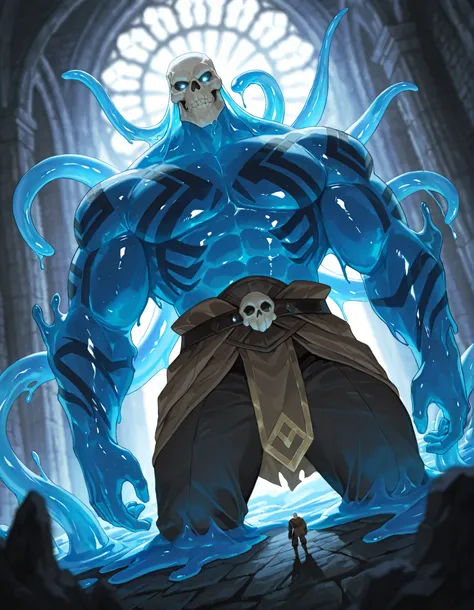 Expressiveh, cold stare, solo male, hungry, score_9, score_8_up, score_7_up, slime short hair, body made of slime, muscular, giant, goliath, slime of a brilliant turquoise blue tone, source_anime, haughty, slime in a form of a man, dark buggy pants, athlet...