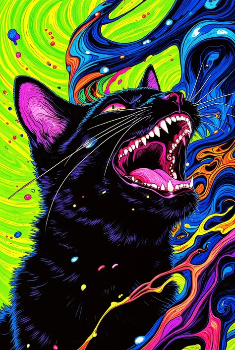 This digital work of art is a surreal, abstract image of a black cat in a moment of intense emotion. The cat's mouth is wide open, as if she is joyfully shouting: "Thank you, brother!!!", her smooth muzzle is partially hidden by bright, liquid-like paint. ...