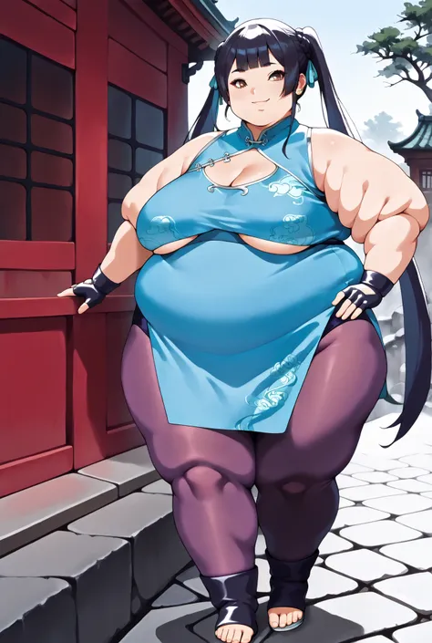 masterpiece, best quality, absurdres, highres, 1girl, solo, haylin, black hair, blunt bangs, ponytail, twin tails, very long hair, brown eyes ,braid, hair ribbon,earrings,  purple Chinese dress, purple Chinese clothes, cleavage cutout, pantyhose, underboob...