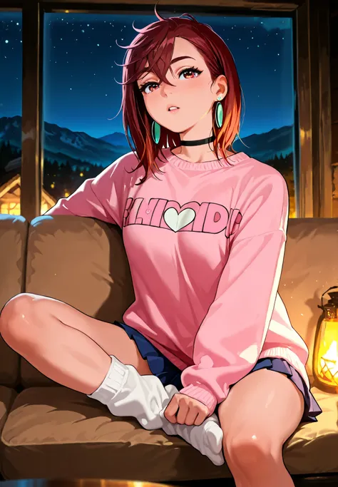 1girl, solo, Dandadan, Ayase Momo, Dandadan , sweater,short skirt, oversized socks, sitting on a sofa,sexy pose,alluring atmosphere,mountain cabin,night time,cinematic lighting,masterpiece,top quality,warm color,high resolution,high fashion,absurdres extre...