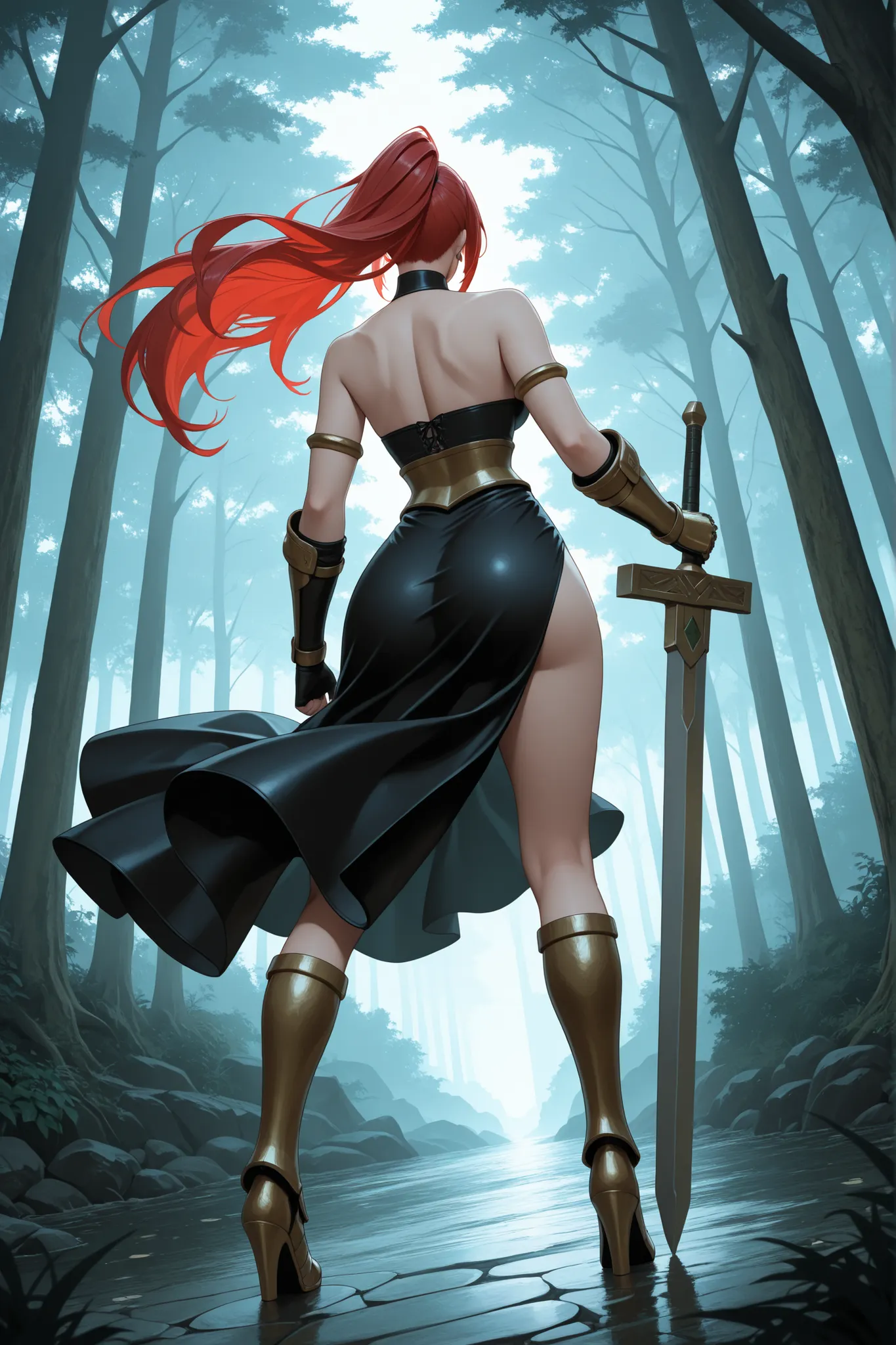 masterpiece, best quality, absurdres, newest, very aesthetic, amazing quality,highres, A amazonian woman, black coloured maid dress like armore made of matle in a mysterious forest trying not to move as she gets ready to fight head on with a giant 1000 fee...