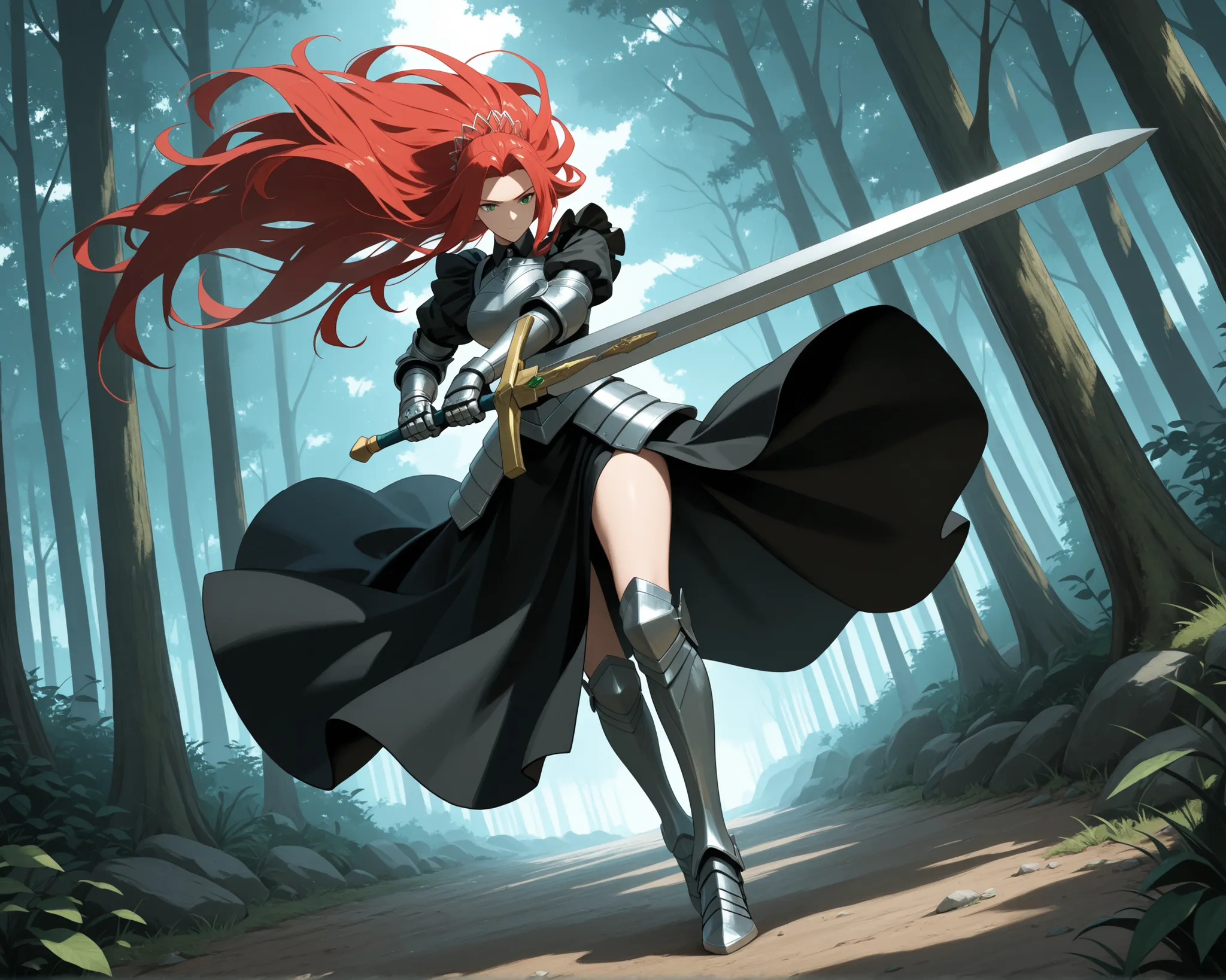 masterpiece, best quality, absurdres, newest, very aesthetic, amazing quality,highres, A amazonian woman, black coloured maid dress like armore made of matle in a mysterious forest trying not to move as she gets ready to fight head on with a giant 1000 fee...