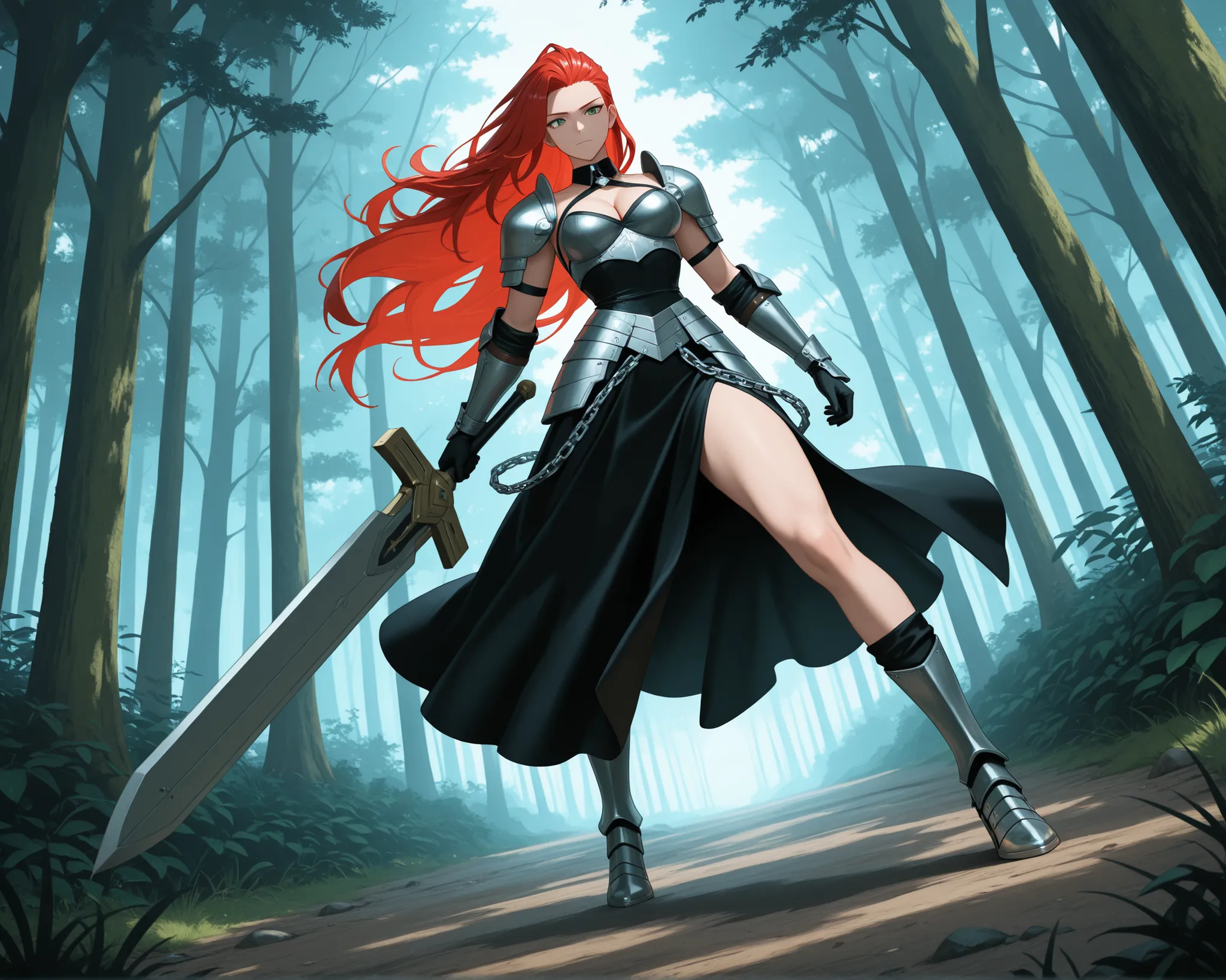 masterpiece, best quality, absurdres, newest, very aesthetic, amazing quality,highres, A amazonian woman, black coloured maid dress like armore made of matle in a mysterious forest trying not to move as she gets ready to fight head on with a giant 1000 fee...
