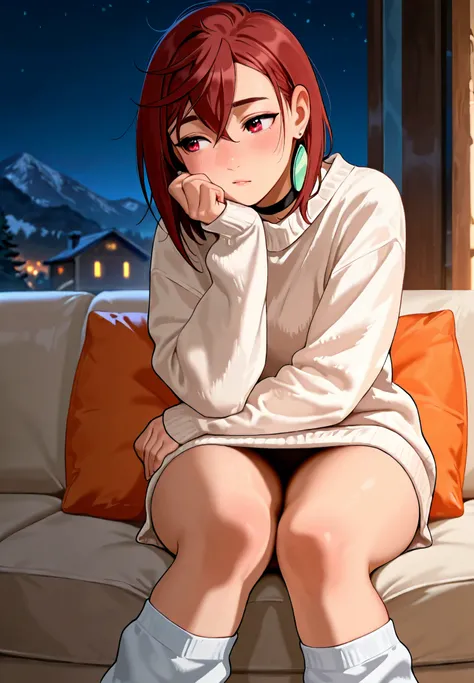 1girl, solo, Dandadan, Ayase Momo, Dandadan , sweater,short skirt, oversized socks, sitting on a sofa,sexy pose,alluring atmosphere,mountain cabin,night time,cinematic lighting,masterpiece,top quality,warm color,high resolution,high fashion,absurdres extre...