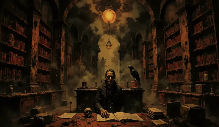 Edgar Allan Poe, sitting at a desk in an Gothic library, a skull sits on the desk, a Raven sits on a bookcase, Gothic Horror, high detail, masterpiece.