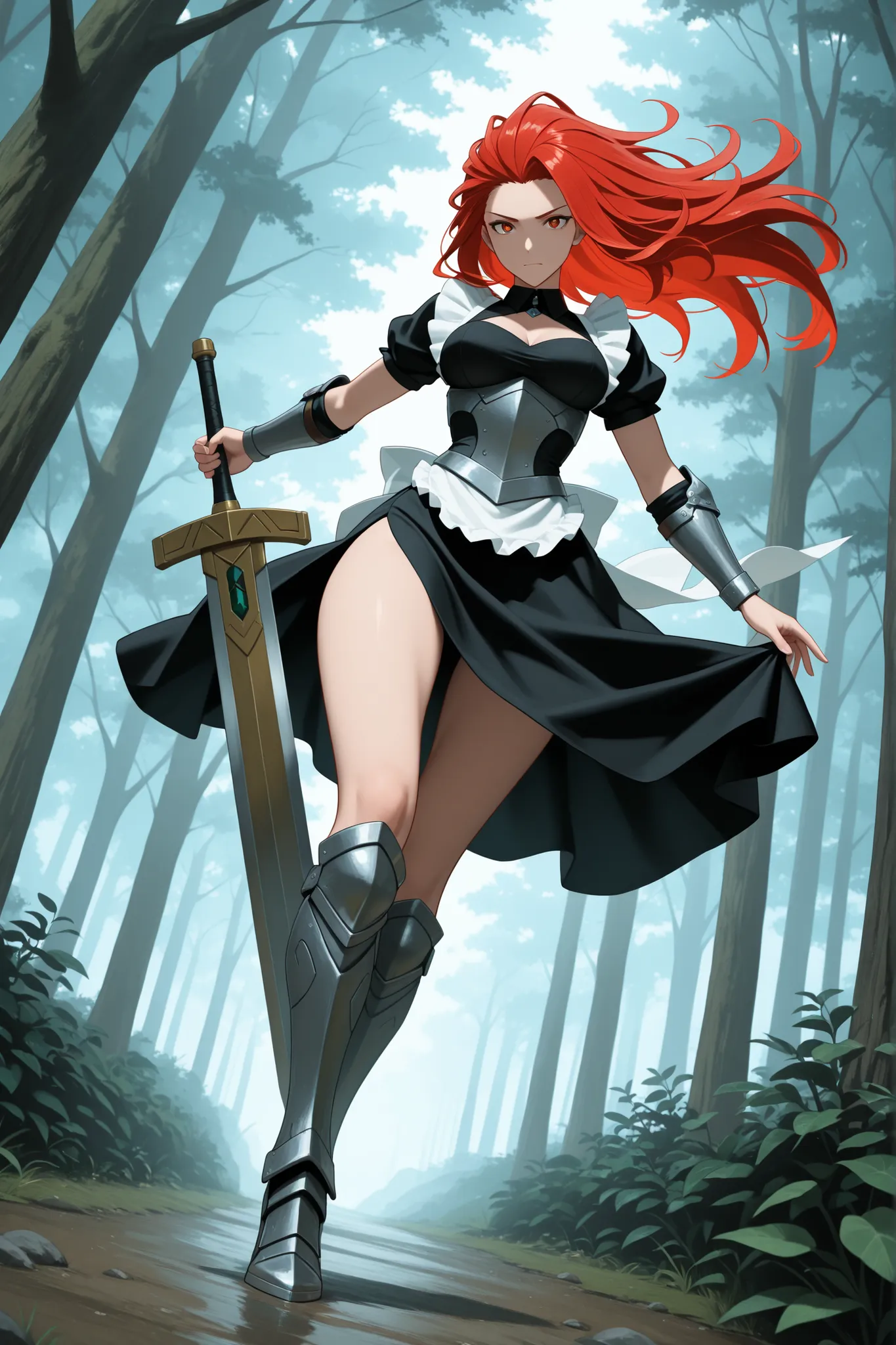 masterpiece, best quality, absurdres, newest, very aesthetic, amazing quality,highres, A amazonian woman, black coloured maid dress like armore made of matle in a mysterious forest trying not to move as she gets ready to fight head on with a giant 1000 fee...