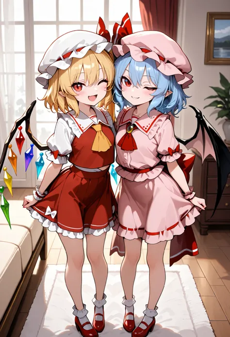 masterpiece,highquality,steam,heart effect,standing,looking at viewer,2girls,living room,full body,(girl,remilia scarlet,petite,medium hair,blue hair,red eyes, pink headwear ,clothed,skirt,open,eyes,smile),(girl,flandre scarlet, petite,medium hair,blond ha...
