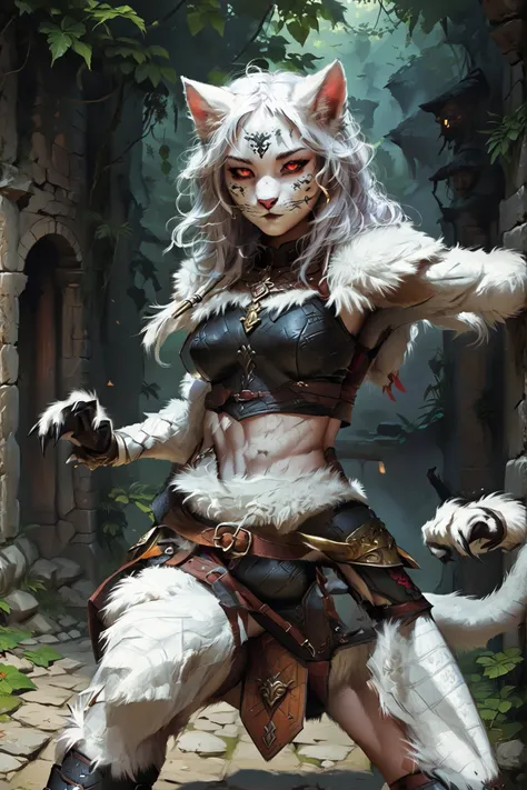 masterpiece, newest, absurdres, safe, slender, Grown-up Kindred-Lamb from LoL. Anthro girl. Panther-girl. White fur body. Thick furry body. Black claws. Athletic with abs. Wooden mask. Red human eyes behind the mask. Background: medieval jungle ruins. Real...