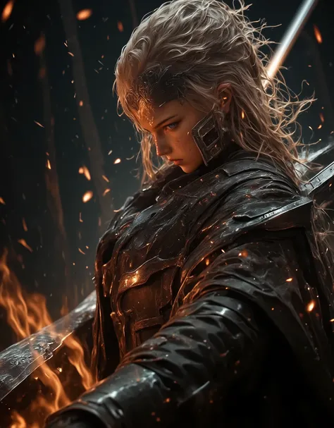 A striking depiction of Fury from Darksiders, surrounded by a fiery aura. She stands in a dynamic battle pose, her energy whip slicing through the air. Her expression is determined and fearless, with glowing eyes that symbolize her relentless power. The sc...