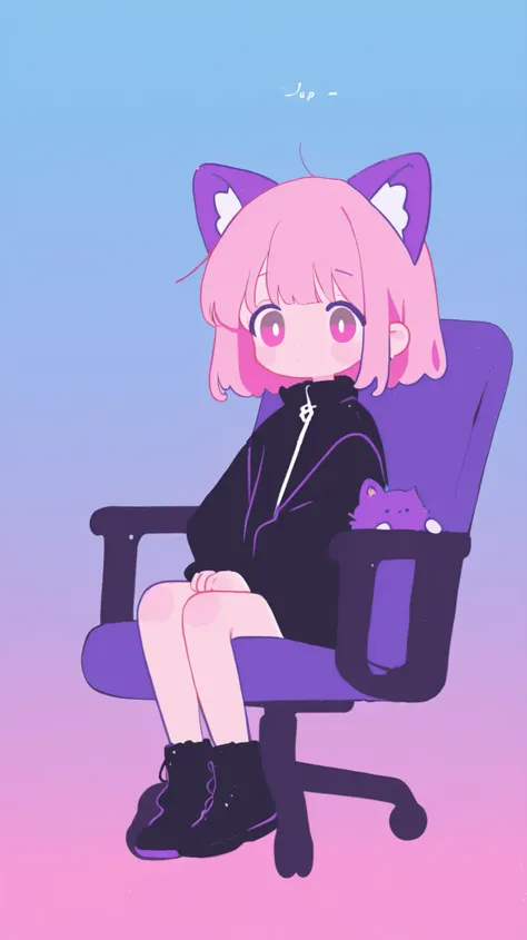 score_9, score_8_up , score_7_up , score_9,Score_9, Score_8_up , Score_7_up ,Anime cosplay style, pink short hair with cat ears, purple plush decoration, retro black leather chair, blue pattern background, artistic atmosphere creation