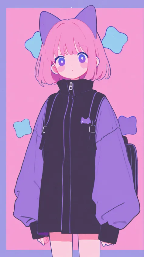 score_9, score_8_up , score_7_up , score_9,Score_9, Score_8_up , Score_7_up ,Anime cosplay style, pink short hair with cat ears, purple plush decoration, retro black leather chair, blue pattern background, artistic atmosphere creation