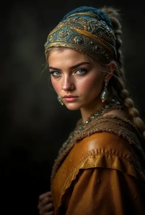 cinematic classical portrait, soft Rembrandt lighting, ultra-realistic facial detail, soft-focus realism, oil painting texture effect, warm muted color tones, rich shadows and highlights, gentle skin texture, natural pose, aged canvas grain, soft filmic gl...