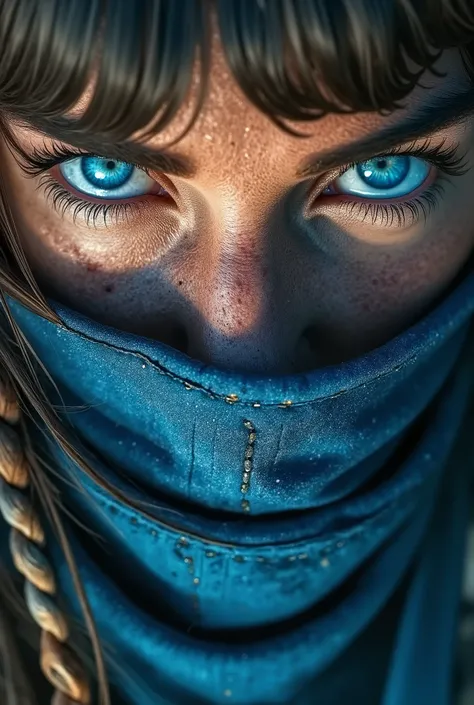 close-up photo of a striking female figure , Her expression , a close-up photograph of a striking female figure filled with intensity and defiance. detailed blue eyes, wearing a blue scarf on your mouth , on a blurred blue background in cyberpunk city