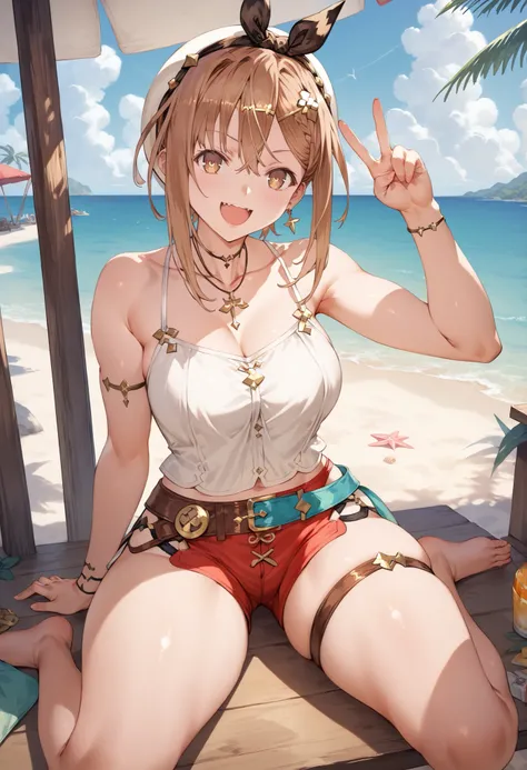  Masterpiece,  top quality,  Hi-Res,   very detailed CG , 2nd Default,   asymmetrical design costume,  Bare Thighs , belt,, (teeth:0.4),  is laughing,  beach,1teen young_girl,white_camisole,large_breasts,large_thighs,short_shorts,apart_legs,raise_fist,sitt...