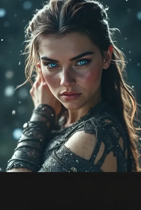 A radiant female model poses with effortless allure, her silhouette bathed in soft, glowing light that creates dreamy contrast against a dark, abstract backdrop. Her skin appears porcelain-smooth and hyper-realistic, with an iridescent sheen that subtly sh...