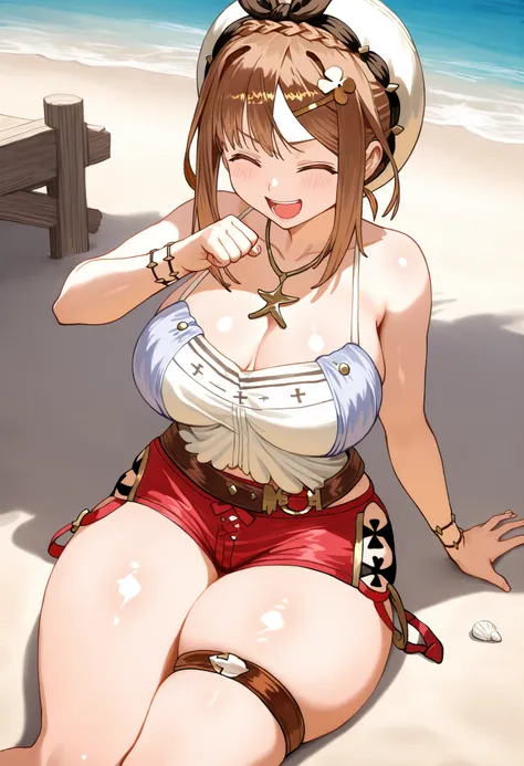  Masterpiece,  top quality,  Hi-Res,   very detailed CG , 2nd Default,   asymmetrical design costume,  Bare Thighs , belt,, (teeth:0.4),  is laughing,  beach,1teen young_girl,white_camisole,large_breasts,large_thighs,short_shorts,apart_legs,raise_fist,sitt...