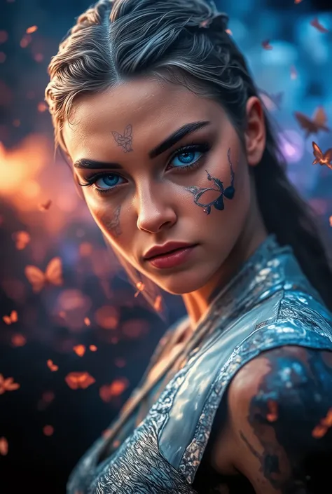 A radiant female model poses with effortless allure, her silhouette bathed in soft, glowing light that creates dreamy contrast against a dark, abstract backdrop. Her skin appears porcelain-smooth and hyper-realistic, with an iridescent sheen that subtly sh...