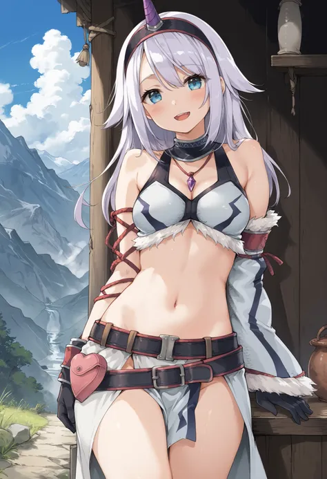 ( score_9:0.9), score_8_up, score_7_up,rating_explicit, anime style,(zPDXL), r armor,  purple single horn headband, young_girl, Alone, long_gloves,  black_knee_high , white_long_hair, shaggy_bang,Blue Eyes,  under the arm, arms,  medium_breasts , black_tub...