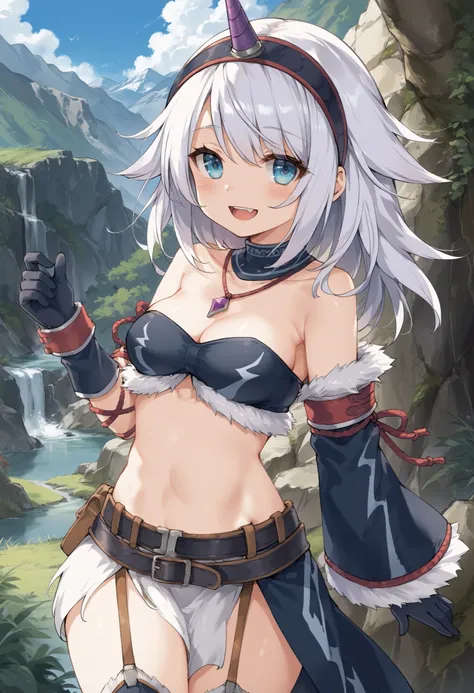 ( score_9:0.9), score_8_up, score_7_up,rating_explicit, anime style,(zPDXL), r armor,  purple single horn headband, young_girl, Alone, long_gloves,  black_knee_high , white_long_hair, shaggy_bang,Blue Eyes,  under the arm, arms,  medium_breasts , black_tub...