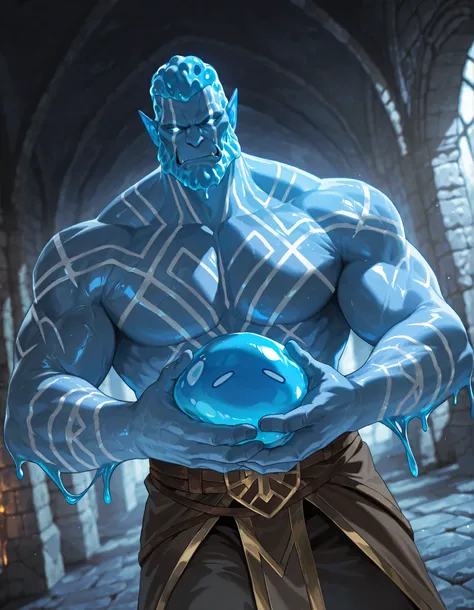 Expressiveh, cold stare, solo male, hungry, score_9, score_8_up, score_7_up, slime short hair, body made of slime, muscular, giant, goliath, slime of a brilliant turquoise blue tone, source_anime, haughty, slime in a form of a man, dark buggy pants, athlet...