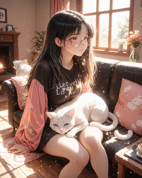 masterpiece, image rich in details, 1girl, beautiful woman with nice curves, long black hair, wearing round glasses and casual clothes, sitting on the wooden floor crying with my face on my knees with her back resting on a sofa, her eyes are very expressiv...