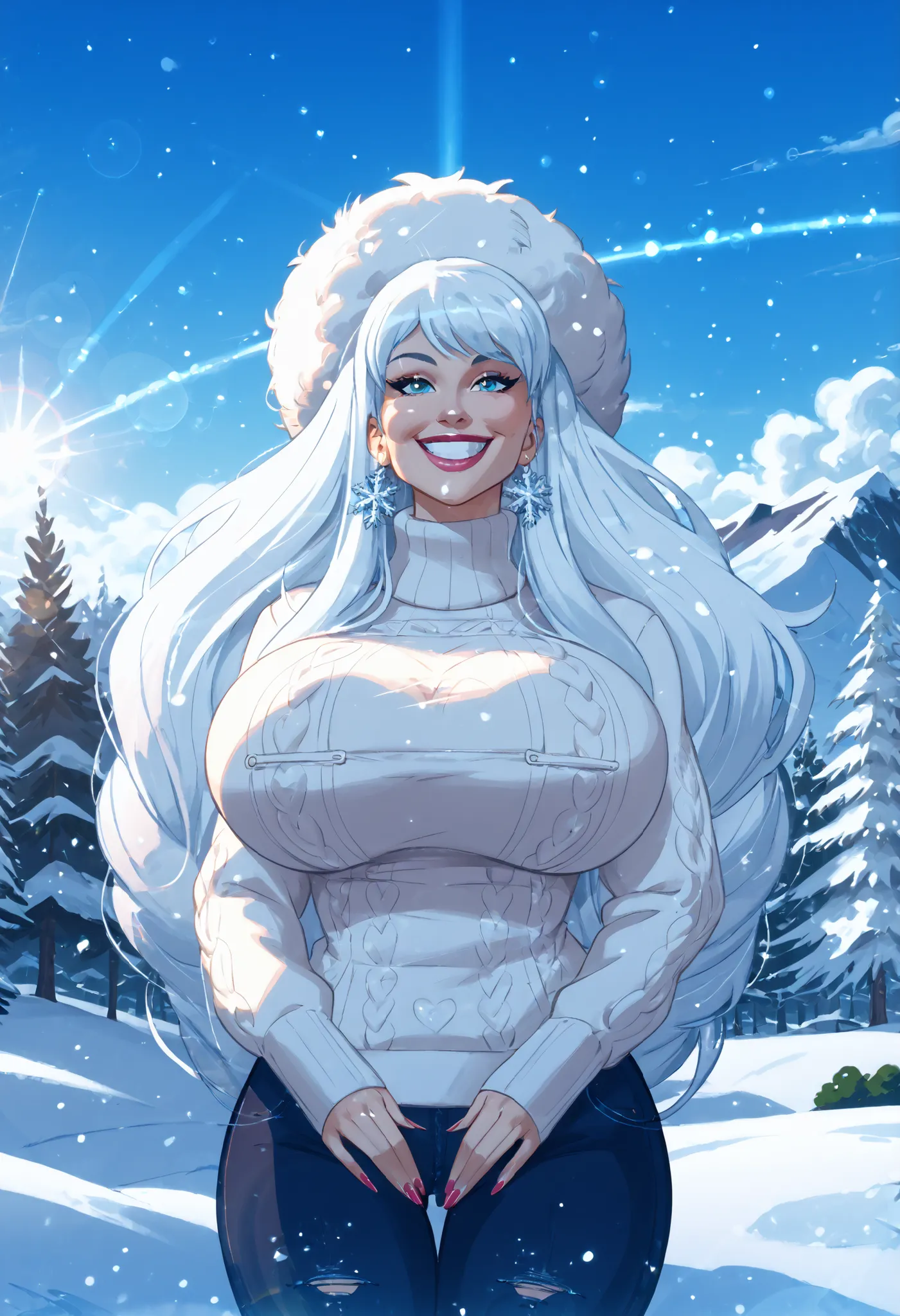 anime screencap, masterpiece, best quality, amazing quality, very aesthetic, absurdres,  newest, (scenery, volumetric lighting), dappled moonlight, light particles, light rays, lens flare,  woman, massive breasts:1.5,Breasts bigger than head,comfy winter s...