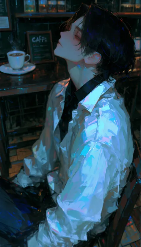 1male, male is 30-years-old ((very very handsome)) and 190cm tall, with unkempt and curly black hair, long parted bangs, and short hair at the back. He has a slightly muscular build, he wear black collared shirt and pants,background is cafe,face is highly ...