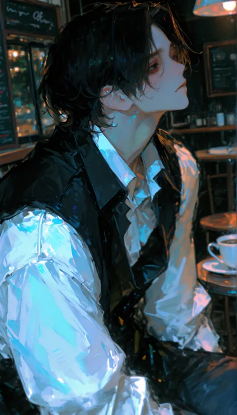 1male, male is 30-years-old ((very very handsome)) and 190cm tall, black eyes with unkempt and curly black hair, long parted bangs, and short hair at the back. He has a slightly muscular build, he wear black collared shirt and pants,background is cafe,face...