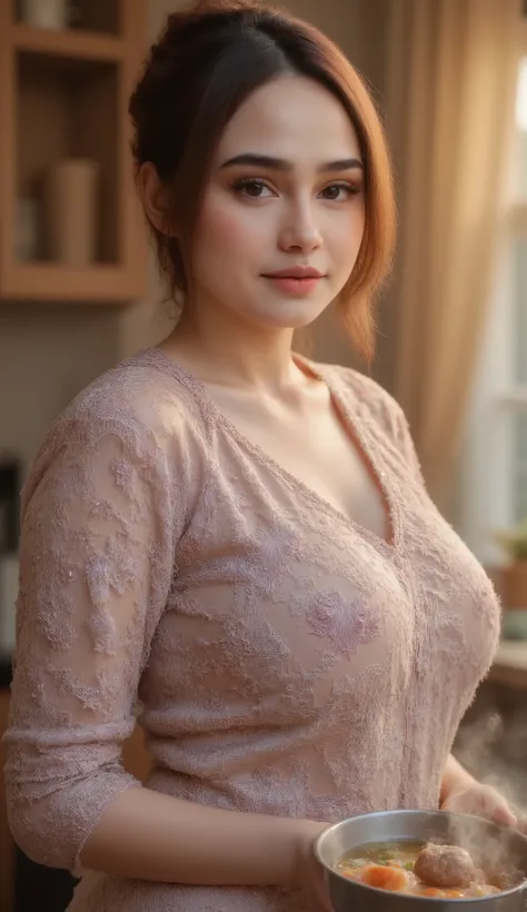 A stunning Indonesian woman with expressive eyes and tied-back hair, backlit by golden sunlight from the kitchen window. She stirs a pot of meatball noodle soup, wearing a delicately patterned apron. The backlight highlights her silhouette and creates a so...