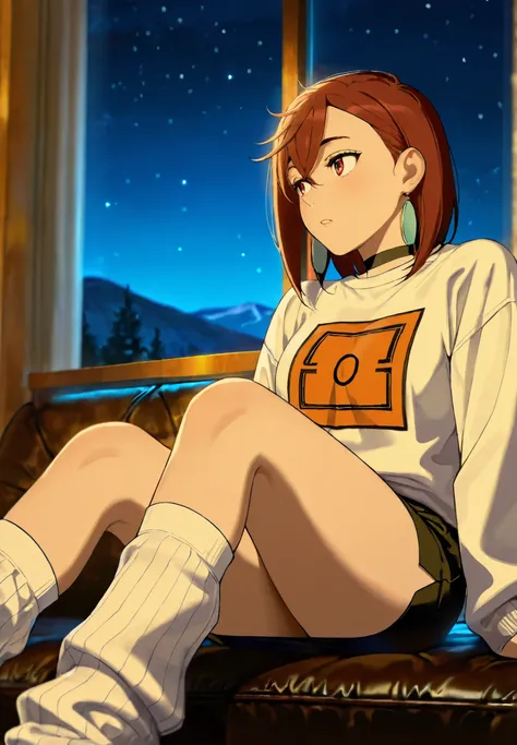 1girl, solo, Dandadan, Ayase Momo, Dandadan , sweater,short skirt, oversized socks, sitting on a sofa,sexy pose,alluring atmosphere,mountain cabin,night time,cinematic lighting,masterpiece,top quality,warm color,high resolution,high fashion,absurdres extre...