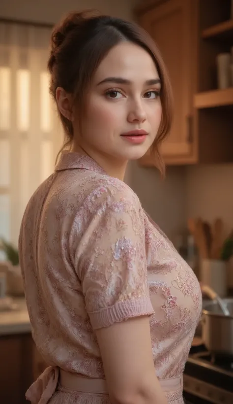 A stunning woman with expressive eyes and tied-back hair, backlit by golden sunlight from the kitchen window. She stirs a pot of meatball noodle soup, wearing a delicately patterned apron. The backlight highlights her silhouette and creates a soft halo aro...