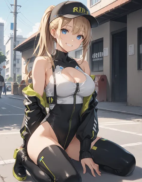  score_9,  score_8_up,  score_7_up,  source_anime, rating_safe, 1girl,very_young,Alone, compAF, Shoulders, kneel, lower back with a cap, smile,large_breasts,outdoor,old_building_shutter_background,girl_on_parking,ponytail,smile,blue_eyes,large_eyes,blond_h...