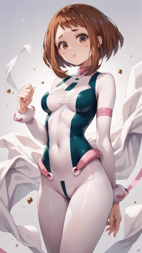 (side angle), ochako uraraka, brown eyes, brown hair, short hair, blush, blush stickers, bodysuit, skin tight, superhero, slender body, tiny waist. sexy body, sexy figure, slim legs, slim figure, sexy, tiny waist, desireable, tempting, lust, front view, fr...