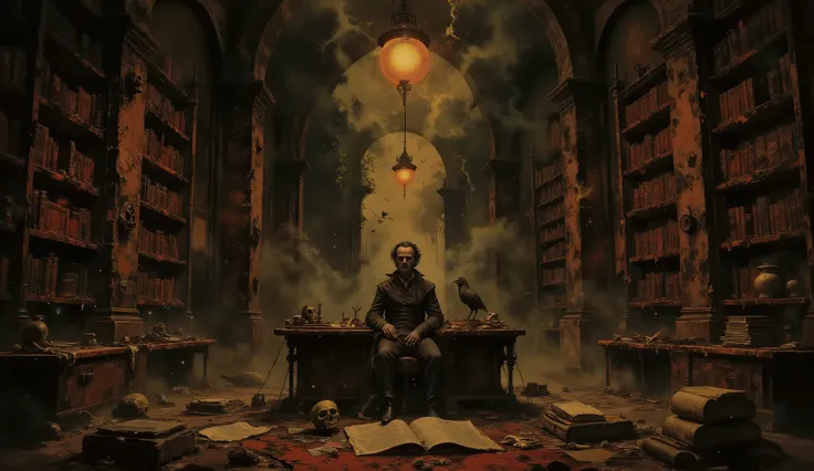 Edgar Allan Poe, sitting at a desk in an Gothic library, a skull sits on the desk, a Raven sits on a bookcase, Gothic Horror, high detail, masterpiece.