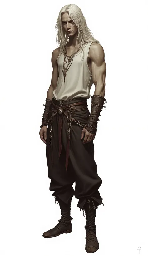 middle age, male, (simple tank top and medieval pants, Peasant, ((( young, 20-лет long hair , feminine face, greek nose,  european,  white hair, long hair,  thin and tall, sad, young , white background))) ,  looks at the viewer ,  standing straight 

