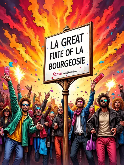 A rigid board held by modern, joyful, and very festive men and women protesters rebellious crowd, with the title "LA GREAT FUITE OF LA BOURGEOISIE" written on it, in bold font. A chaotic, messy and comical atmosphere with confetti and few fireworks around,...