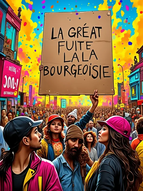 A rigid board held by modern, joyful, and very festive men and women protesters rebellious crowd, with the title "LA GREAT FUITE OF LA BOURGEOISIE" written on it. A chaotic, messy and comical atmosphere with confetti and few fireworks around, in a graphic ...