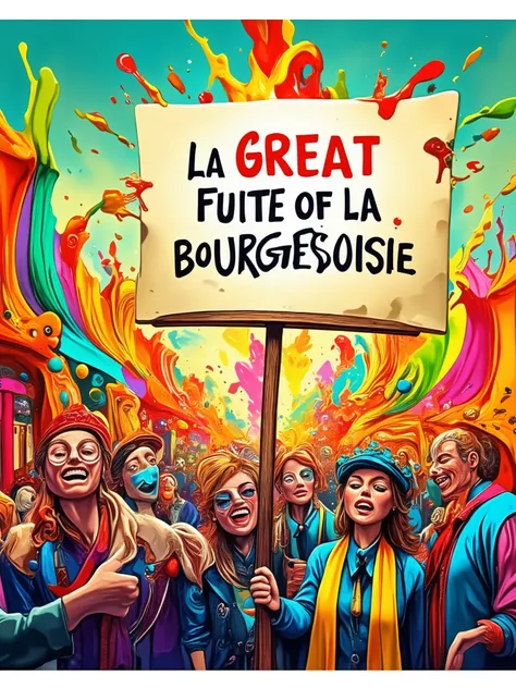 A rigid board held by modern, joyful, and very festive men and women protesters rebellious crowd, with the title "LA GREAT FUITE OF LA BOURGEOISIE" written on it. A chaotic, messy and comical atmosphere with confetti and few fireworks around, in a graphic ...