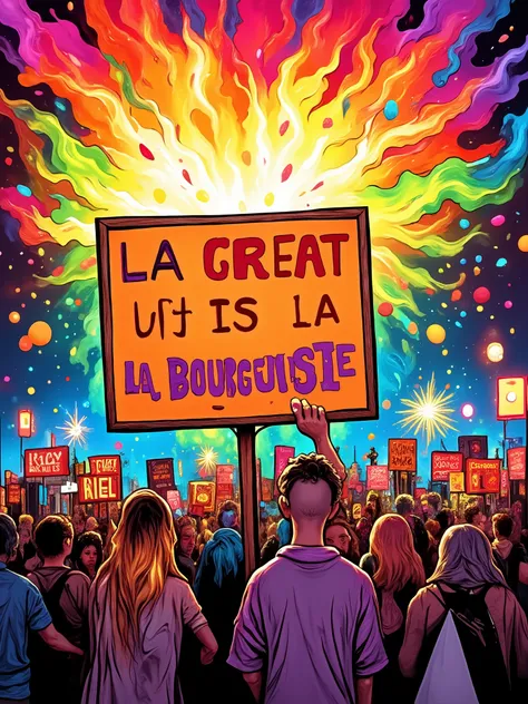 A rigid board held by modern, joyful, and very festive men and women protesters rebellious crowd, with the title "LA GREAT FUITE OF LA BOURGEOISIE" written on it, in bold font. A chaotic, messy and comical atmosphere with confetti and few fireworks around,...