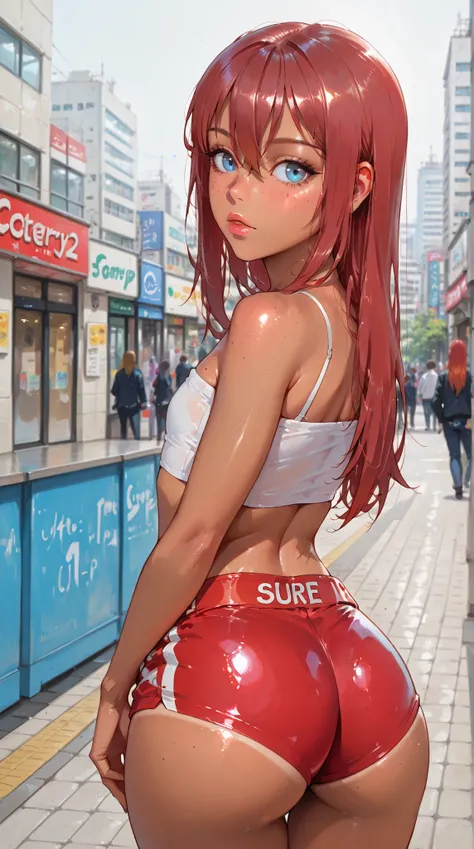 score_9, score_8_up, score_7_up, source_anime, full lips, tan skin, small white tube top, flat chest, tight small shorts, bubble butt, athletic, slim, famous girl, RainbowFoxPDXL, sunny day at city, CyberRealistic_Negative_PONY_V2, ulyana, long hair, red h...