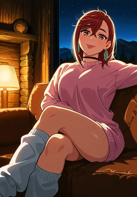 1girl, solo, Dandadan, Ayase Momo, Dandadan, tongue out,sweater,short skirt, oversized socks, sitting on a sofa,sexy pose,alluring atmosphere,mountain cabin,night time,cinematic lighting,BREAK,masterpiece,top quality,warm color,high resolution,high fashion...