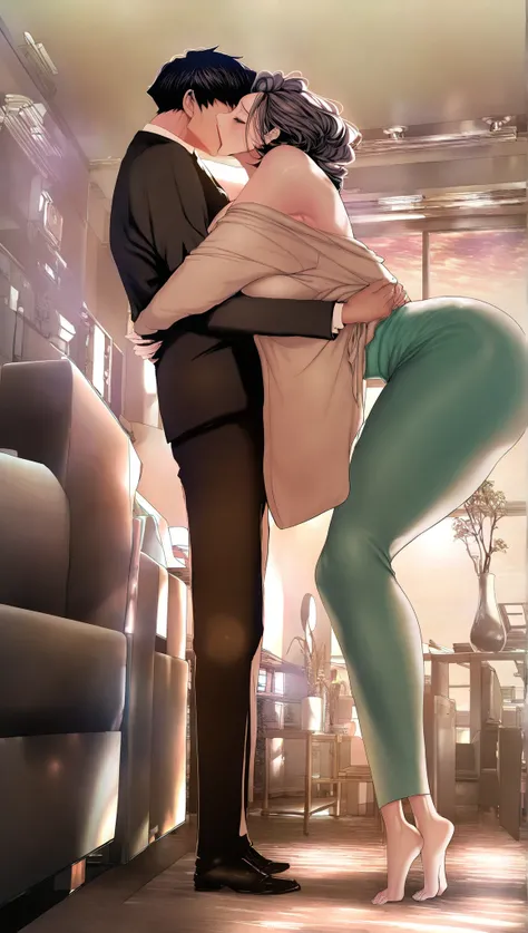 1girl,kim mi-jung,mature female,kiss,1boy,hetero,breasts,long skirt,tiptoes,skirt,black hair,formal,shirt,short hair,green skirt,closed eyes,suit,indoors,indoor,large breasts,the girl didn't wear a coat,bare shoulders,ceiling window,purple hair,white shirt...