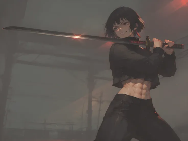 1girl, kagari hiyuki (kagurabachi), black hair, short hair, black eyes, big eyes, evil grin, long red earrings, black turtleneck, crop top overhang, black trousers, muscular, abs, cinematic angle, cinematic pose, fighting stance, (perfect hands:1.0),(maste...