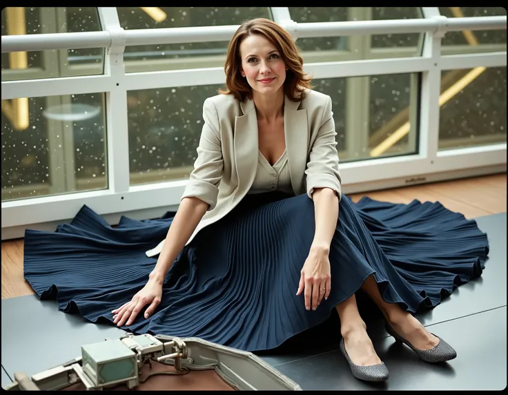  In an interstellar office adorned with vintage charm, a mature therapist, dressed in a crisp uniform jacket and a blouse, reveals her alluring feminine grace. Her long, pleated skirt sweeps dramatically across the metallic floor, each fold a testament to ...