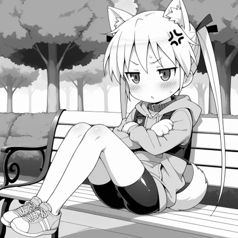 ((anime syale)),,score_9, score_8_up, score_7_up,masterpiece, best quality,ultra detail,1girl,(((park))), (((monochrome))),((((solo)))),sonya,twin tails,white cat ears,((white dog tail)),(white Dog paw glove with claws),(Black police vest),gray leather col...