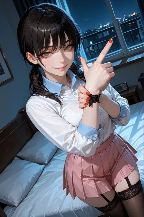 1 girl , Mitaka Asa , long hair , low ponytails , brown eyes , pretty eyes , detailed eyes, long eyelashes, beautiful eyes, beautiful face, beautiful hair, medium breasts, blue collared shirt, pink pleated skirt, thigh high stockings, garters, red nails, i...