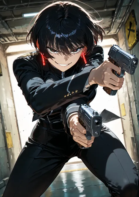 (anime coloring),(anime style),(masterpiece:1.2), (best quality:1.2), (very aesthetic:1.2), (absurdres:1.2), (detailed background:1.2),(newest),(highly detailed),(dynamic lighting), kagari hiyuki (kagurabachi),1girl, kagari hiyuki, black hair, short hair, ...