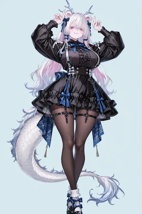   8k wallpaper、    top quality 、masterpiece、bear ears,   748cm スThailandル   、black shirt,   woman 1 person、ribbon、  cute puffy skirt layers and buttons、 cute black oversized puffy sleaves eith open sholders 、cute big bow on her back, long fox tail with cut...