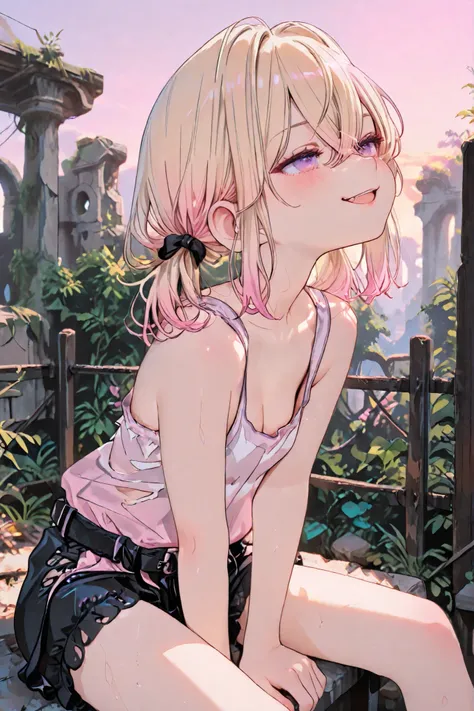 ((Masterpiece)), ((best quality, very aesthetic, absurdres, newest)), (8K), ((wide shot, profile)), ((1girl)), (cute young girl), (Healthy body, Textured skin, small breast, tilt head), Big eyes, (pale purple eyes, gradient eyes, glitter eyes), ((double-pa...
