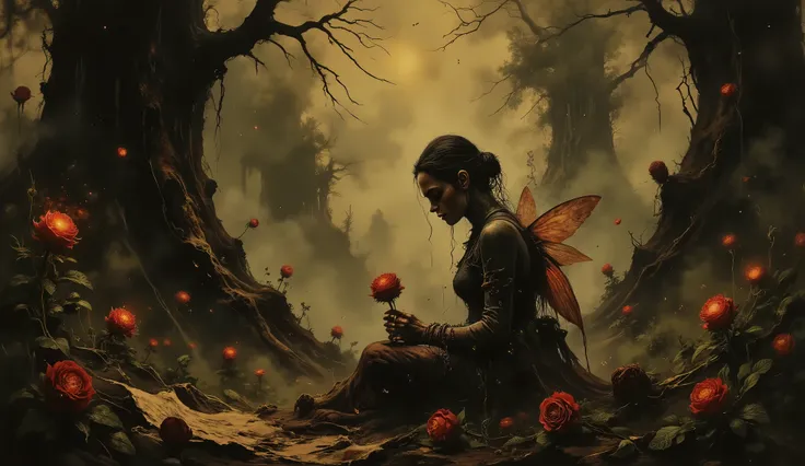 Dark Fairy, black flowers, magical forest background, high detail, masterpiece.